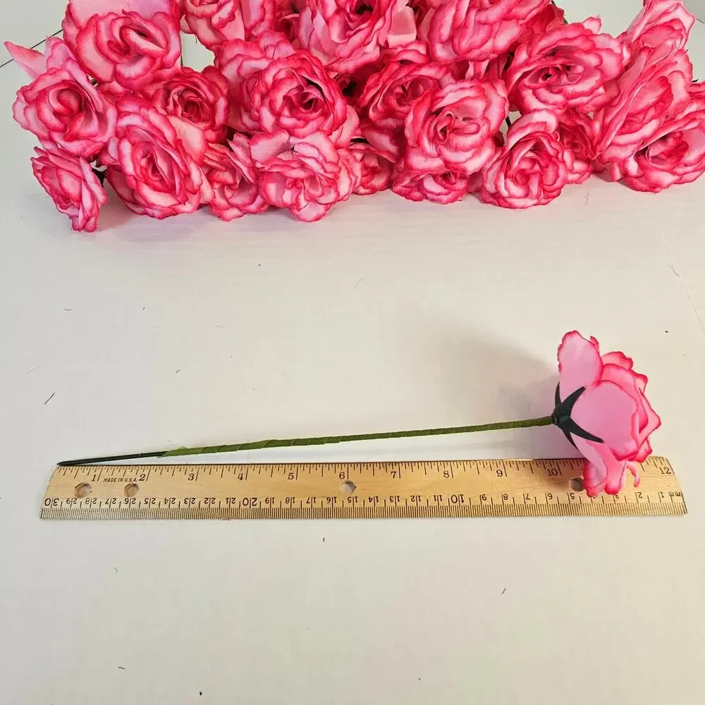 37 Light Pink Hot Pink Edge Silk Roses 2.5in Artificial Flowers w/ Stems
